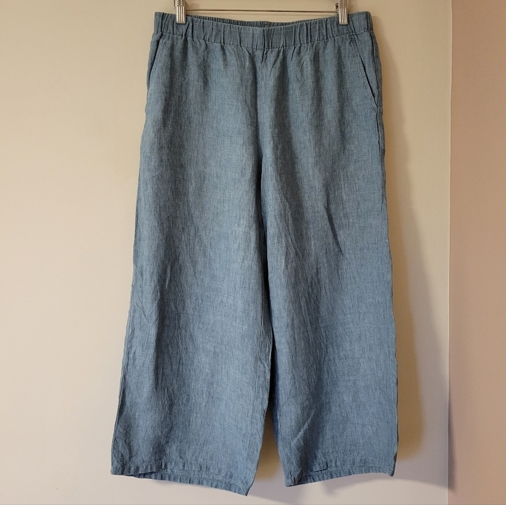 EILEEN FISHER Washed-Organic-Linen Délavé Wide-Leg Cropped Pants Blue Sz Medium - Picture 3 of 10